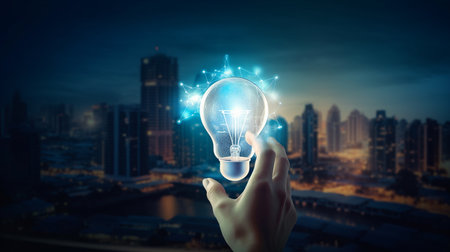 Hand holding glowing light bulb on city background. Idea and innovation conceptの素材