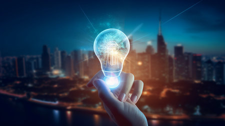 Hand holding lightbulb on blurred city background. 3D renderingの素材