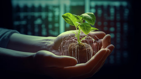 Close up of human hands holding sprout with soil on dark backgroundの素材