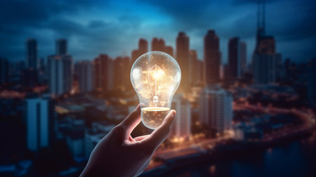 Close up of human hand holding lightbulb with cityscape backgroundの素材