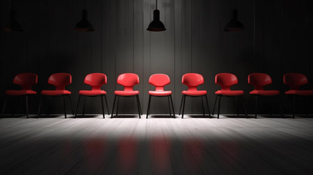 Row of red chairs in empty room with spotlights. 3D renderingの素材