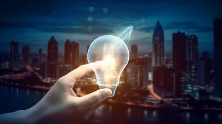Hand holding light bulb on city background. Idea concept. 3D renderingの素材