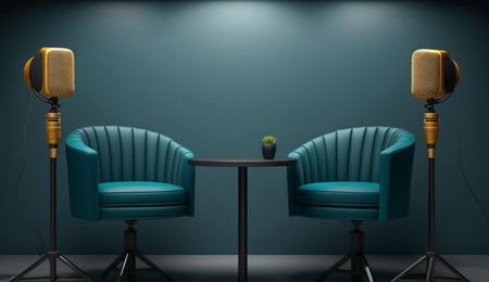 Two blue armchairs and a table in a room with a blue wallの素材