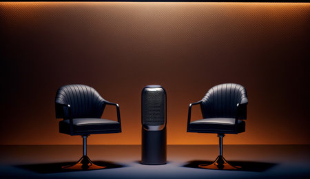 3d rendering of two black leather armchairs and a microphone on a dark backgroundの素材