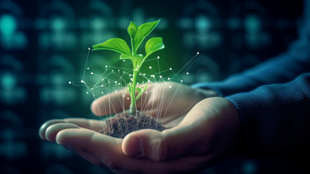Businessman holding green sprout in his hands with digital connection linesの素材