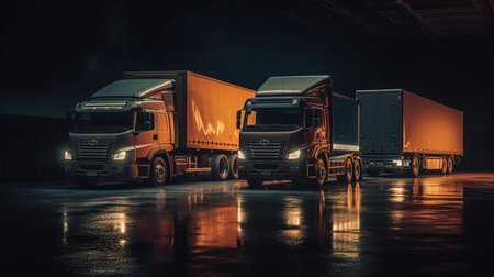 Trucks on the road at night. 3d rendering.の素材