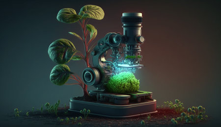 Microscope and green plant on a dark background. 3d renderingの素材