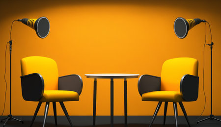 Two yellow armchairs and a round table on a yellow background. 3d renderingの素材