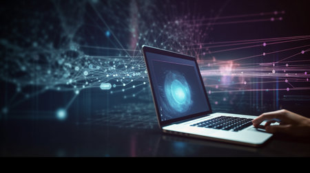 Close up of hands using laptop with digital business interface on screen 3D renderingの素材