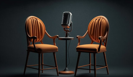 3d rendering of two chairs and a microphone on a black backgroundの素材