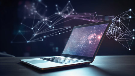 Laptop with abstract glowing network hologram on dark background 3D renderingの素材