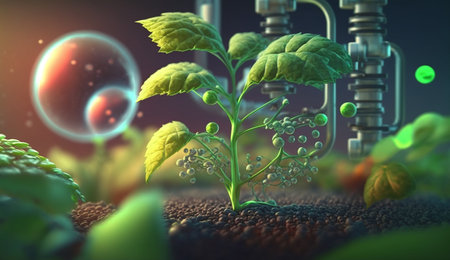 3d illustration of green plant growing on soil with planets in backgroundの素材