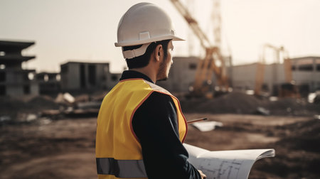 Rear view of a Caucasian male engineer in a yellow vest and a white helmet standing at a construction site.の素材