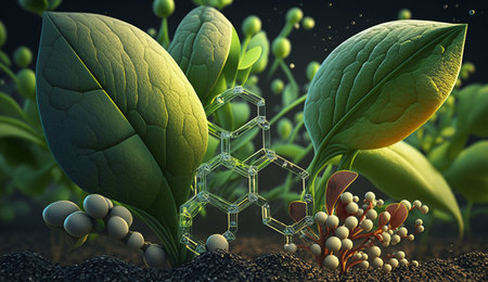 3d illustration of chemical formula and green leaves in abstract space backgroundの素材