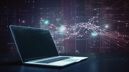 Laptop with abstract network hologram on dark background 3D renderingの素材