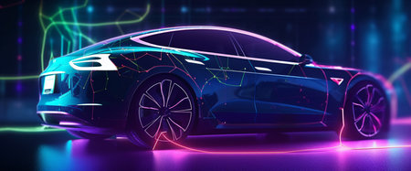 3D rendering of a brand-less generic concept car in neon lightの素材