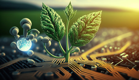 Conceptual image of green plant with microcircuit. 3d renderingの素材
