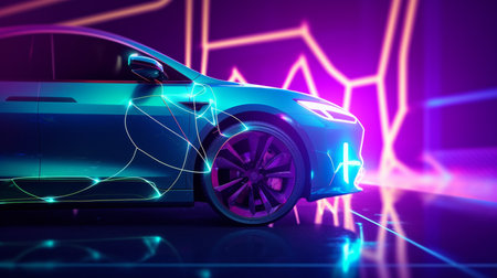 3d rendering of a brand-less generic concept car in neon lightの素材