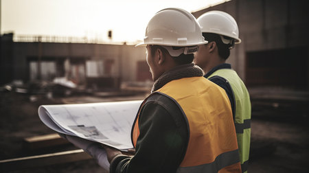 Architect or engineer working with blueprint at construction site. Engineering and architecture concept.の素材