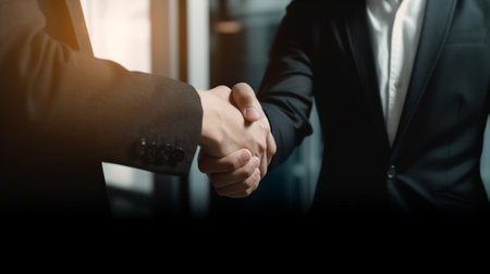 Business people shaking hands, finishing up a meeting. Hand shake concept.の素材