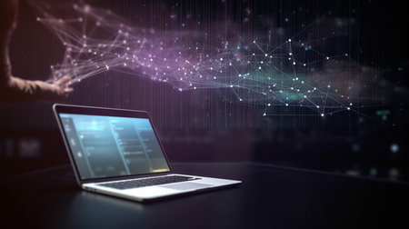 Close up of hand using laptop with network concept on screen 3D renderingの素材