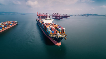 Container Cargo freight ship with working crane bridge for Logistic Import Export backgroundの素材