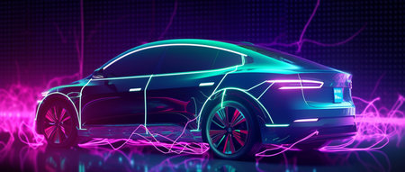 3D rendering of a brand-less generic concept car in neon lightの素材