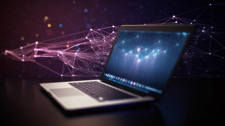 Laptop with abstract network hologram on dark background 3D renderingの素材