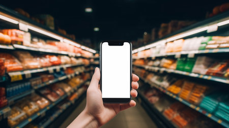 Female hand holding a smartphone with white screen over blurred supermarket background.の素材