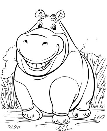 Black and White Cartoon Illustration of Hippo Animal Character for Coloring Bookのイラスト素材