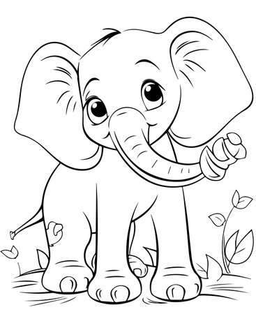 Black and White Cartoon Illustration of Cute Baby Elephant for Coloring Bookの写真素材