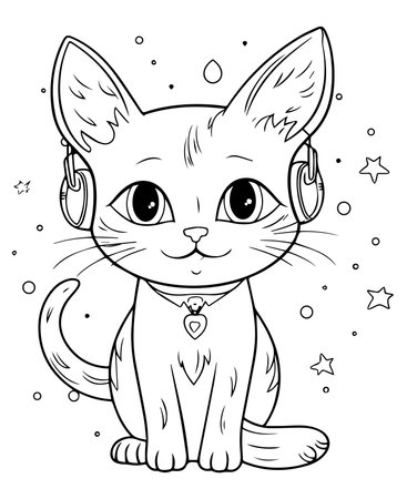 Cute cartoon cat with headphones. Vector illustration for coloring book.のイラスト素材