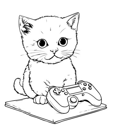 Cute kitten playing video games with a joystick. Vector illustration.のイラスト素材