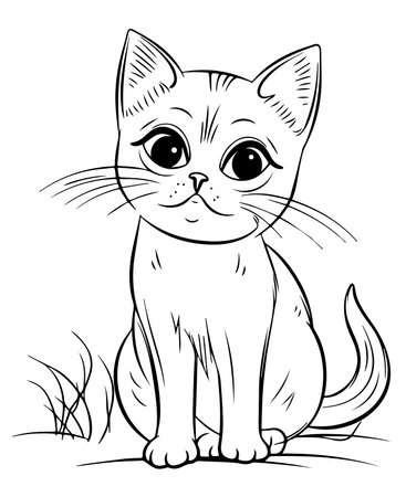 Cute cat sitting on the grass. Coloring book for kids.のイラスト素材