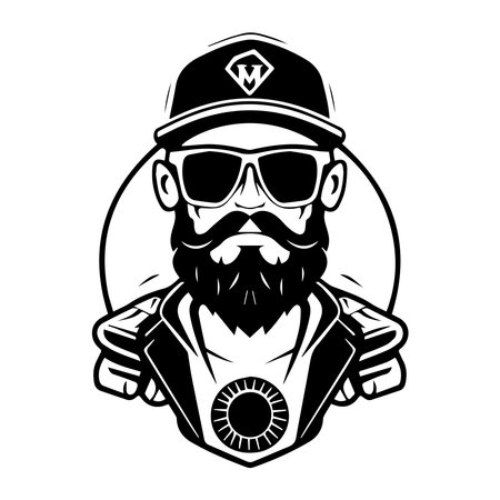 Mascot black and white illustration of a gangster with a beard in a cap and sunglasses.のイラスト素材
