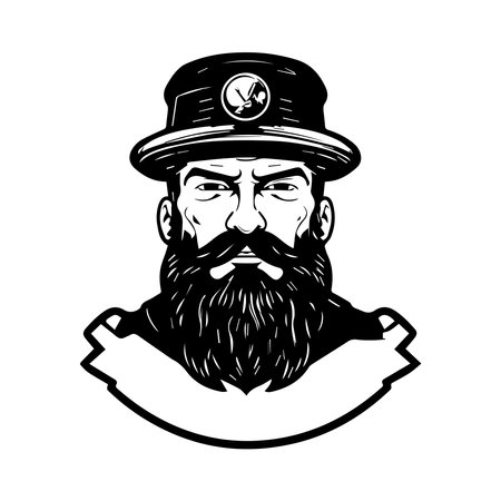 Black and white illustration of a bearded man wearing a hat with a ribbon.のイラスト素材