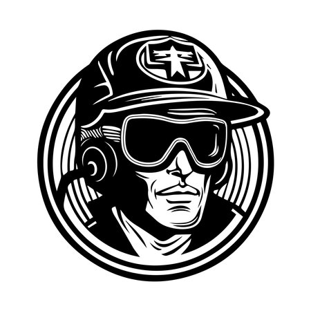 Black and white illustration of a fireman wearing a helmet and goggles.のイラスト素材