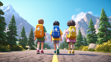 3d render of kids with backpacks and backpacks on roadの素材