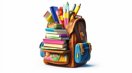 School backpack with books and pencils isolated on white background. 3d illustrationの素材