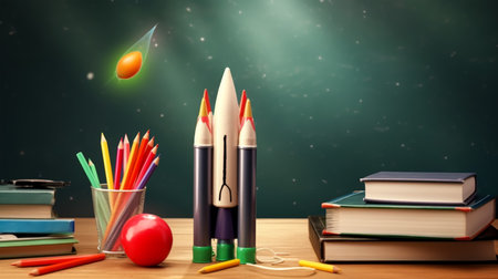 Back to school concept with colorful pencils and rocket on wooden tableの素材