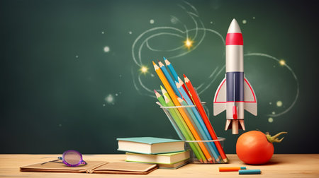 Back to school concept with rocket and school supplies on green chalkboard backgroundの素材