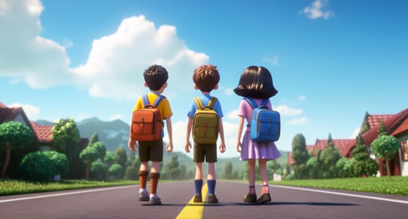 3d render of kids with backpacks standing on the road to schoolの素材