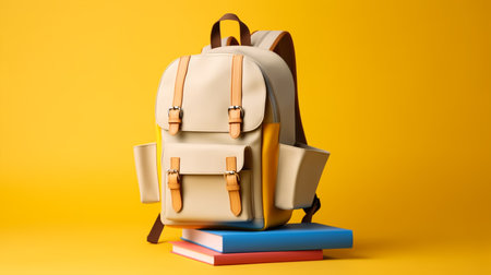 School backpack with books on a yellow background. 3d rendering.の素材