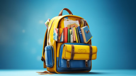 Yellow backpack with books and notebooks on blue background. 3d illustrationの素材