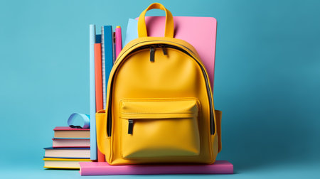 School backpack with stationery on color background. Back-to-school conceptの素材