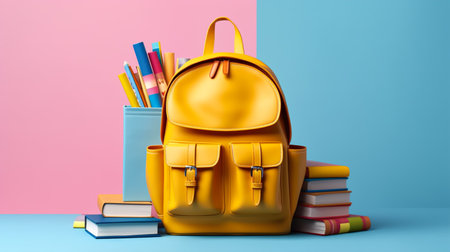 Yellow backpack with books on a blue-pink background. 3d renderingの素材
