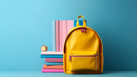 School backpack with books on blue background. Back-to-school concept. 3D Renderingの素材