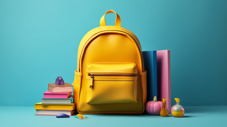 School backpack with books and stationery on blue background. Back-to-school concept. 3D Renderingの素材