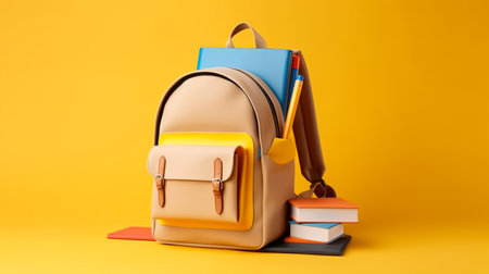 School backpack with books on a yellow background. Back-to-school conceptの素材