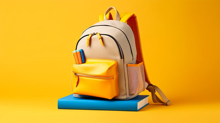 School backpack and books on a yellow background. Back-to-school concept.の素材